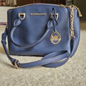 Michael Kors Blue Pebbled Leather Shoulder Bag with Gold Hardware